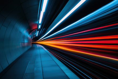 Colorful light trails stretch along a subway tunnel as a train speeds away from the platform at night.の写真素材