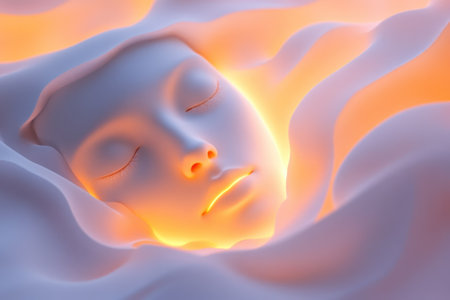 A tranquil face appears to be sleeping, enveloped in soft, glowing clouds, creating a peaceful atmosphere.の写真素材