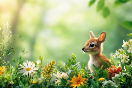 A young deer observes its surroundings, surrounded by colorful flowers in a lush forest during spring.の写真素材