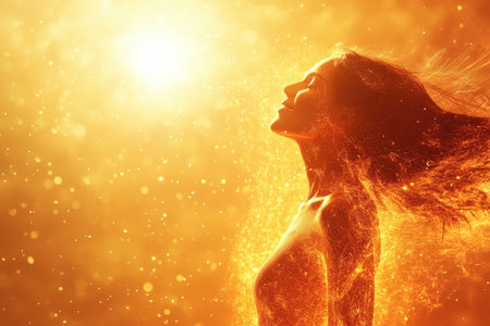 A woman stands with her hair flowing, basking in warm sunlight, surrounded by a radiant glow.の写真素材