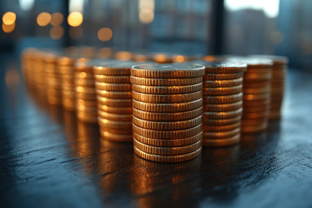 Golden coins are stacked in a neat formation on a dark wooden surface, reflecting warm light.の写真素材