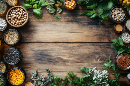 Fresh herbs and colorful spices are neatly arranged on a wooden surface, creating a natural kitchen feel.の写真素材