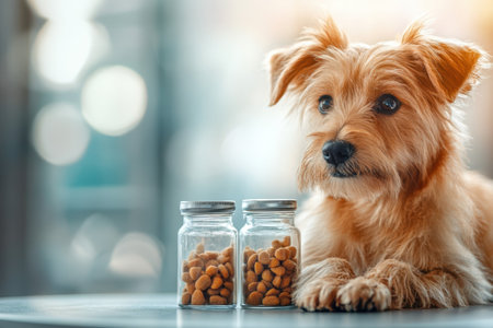 A small dog looks with anticipation at two jars filled with crunchy snacks, enjoying his moment inside.の写真素材
