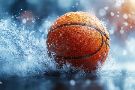 A bright orange basketball sails through splashing water during an exciting outdoor game.の写真素材