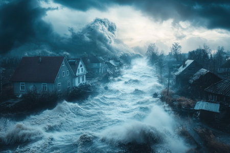 Rising floodwaters engulf homes in a rural setting following a powerful storm, creating a dramatic landscape.の写真素材