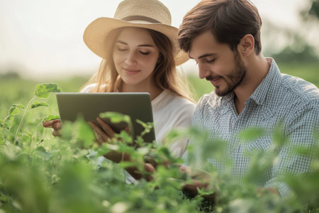 A couple engages with a tablet together among vibrant green plants under a sunny sky.の写真素材