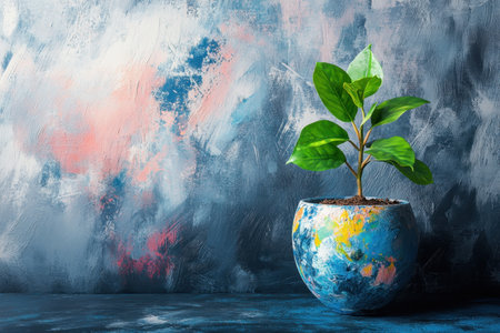 A vibrant indoor plant grows in a painted pot, contrasting beautifully with the artistic backdrop.の写真素材