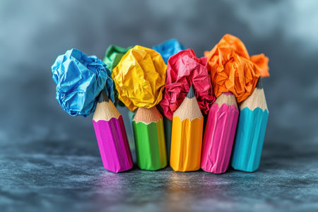 Brightly colored pencil crayons topped with crumpled paper balls are artistically displayed together.の写真素材