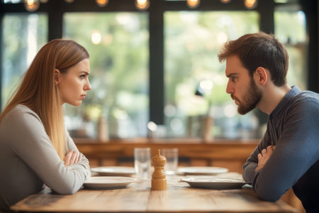 Two individuals face each other at a dining table, expressing tension during a meal in a cozy setting.の写真素材