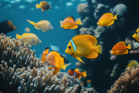 A variety of bright yellow fish navigate through coral formations in clear ocean water.の写真素材