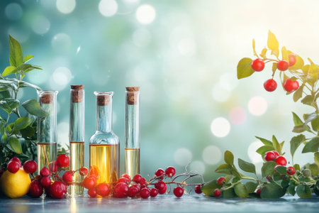 Bottles filled with oil are placed among fresh herbs and berries, illuminated by soft light in a kitchen.の写真素材