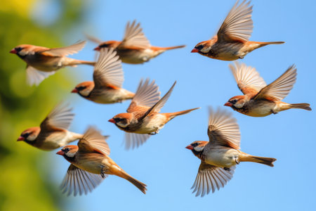 Dozens of sparrows soar through the air on a sunny day, showing their graceful flight patterns.の写真素材