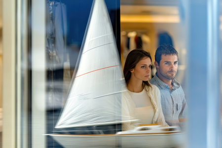 A couple admires a detailed model sailboat through a shop window on a bright, sunny day.の写真素材