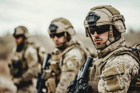 Military personnel wearing camouflage and advanced gear prepare for a mission in an outdoor setting.の写真素材