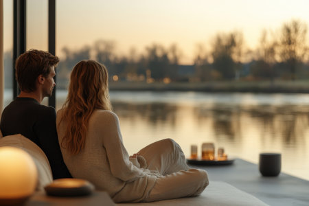 Two people sit close together, overlooking a tranquil body of water as the sun sets, creating a romantic atmosphere.の写真素材