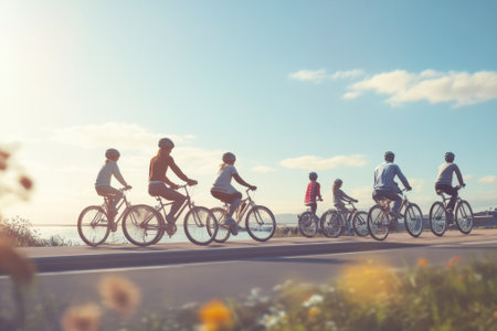 A group of cyclists enjoys a leisurely ride on a sunny day next to a tranquil body of water.の写真素材