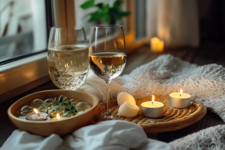 Two glasses of white wine sit by a window adorned with candles and decorative stones for a relaxing evening.の写真素材