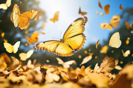 Bright butterflies dance in the air above a carpet of fallen leaves during a sunny autumn day.の写真素材