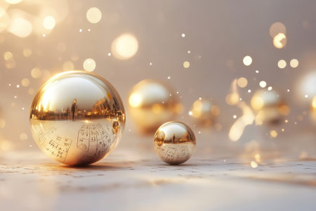 Beautiful golden spheres reflect light and notes on a soft surface, creating a magical ambiance.の写真素材