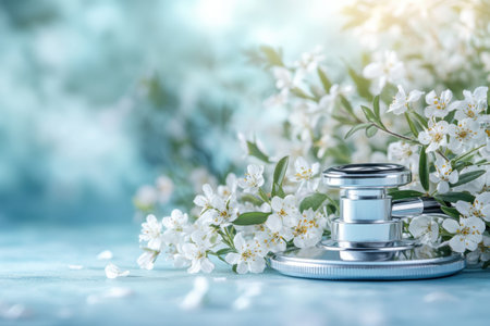 A shiny stethoscope rests near delicate white flowers on a tranquil blue background, blending nature and health.の写真素材