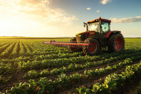 A tractor sprays crops in a vibrant green field as the sun sets, casting warm light across the landscape.の写真素材