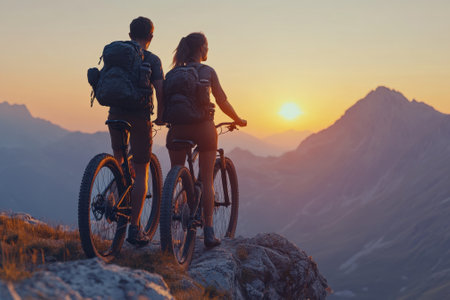 Two cyclists admire a stunning sunset over mountainous terrain, enhancing their outdoor adventure experience.の写真素材