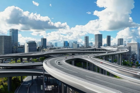 A complex network of highways weaves through a city with tall buildings under a bright, blue sky.の素材