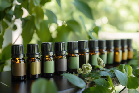 Bottles of essential oils are neatly arranged on a table amidst lush green foliage, showing their colors.の写真素材