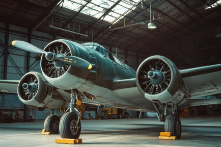 A vintage aircraft stands prominently in a spacious hangar, showcasing its impressive engines and design.の写真素材