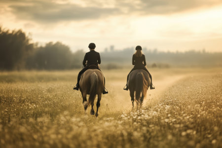 Two riders on horseback travel through a golden field during sunset, surrounded by natural beauty and calm.の写真素材