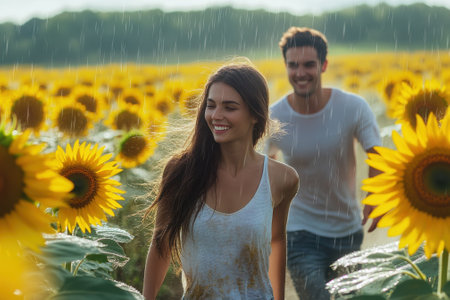Couple laughs and runs through a field of sunflowers, enjoying the rain during a warm, sunny afternoon.の写真素材