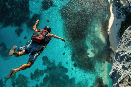 A brave individual leaps from a high cliff into the stunning blue waters below, showcasing an exhilarating skydive.の写真素材