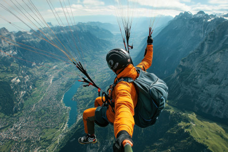 A paraglider soars high above stunning mountain ranges and lush valleys in Switzerland, enjoying the view.の写真素材