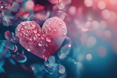 Heart shaped petal with droplets rests on soft greenery, capturing the serene atmosphere of evening light.の写真素材