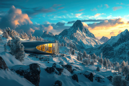 A sleek, modern building stands amidst snow-covered mountains, capturing the beautiful sunset glow and landscape.の写真素材