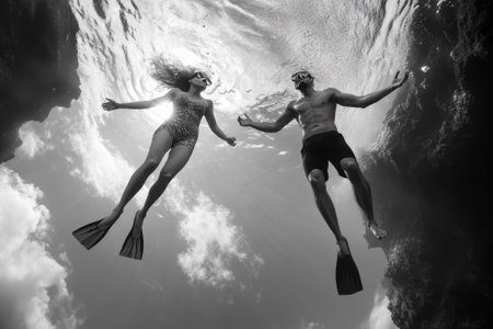 Two snorkel divers float gracefully underwater, surrounded by marine life in a peaceful setting.の写真素材