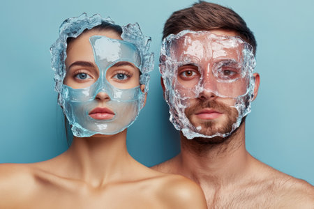 A man and woman are applying ice face masks while showing a calm expression in a light blue background.の写真素材