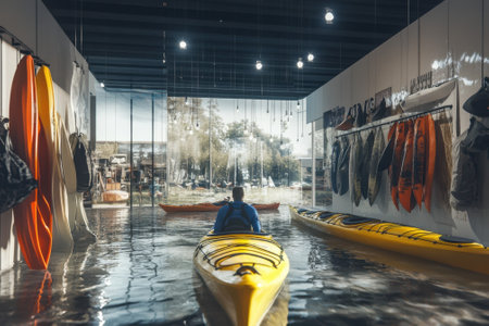 A person is kayaking through a flooded sports store filled with equipment and apparel, creating a unique experience.の写真素材