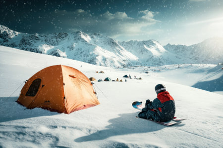 A child sits on a snowboard next to an orange tent, surrounded by snow-covered mountains in winter.の写真素材