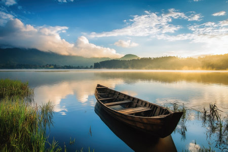 A wooden boat sits peacefully on the calm lake as golden sunlight reflects off the water's surface.の写真素材