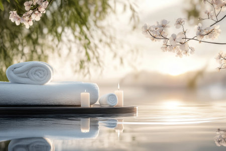 Soft towels and lit candles rest by still waters, highlighting peaceful morning tranquility at sunrise.の写真素材