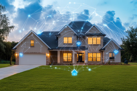 A modern house illuminated at dusk showcases advanced smart home technology with digital connectivity.の写真素材