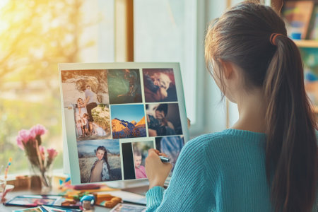 Girl enjoys crafting a scrapbook, arranging colorful photos at a bright workspace filled with creative supplies.の写真素材