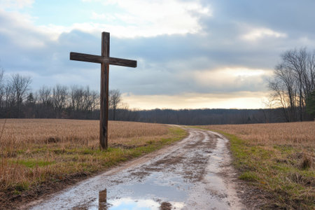 A wooden cross is positioned near a muddy road winding through a field as clouds gather above.の写真素材