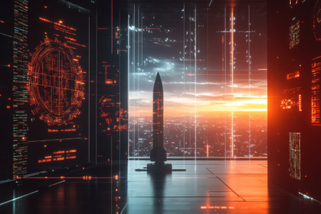 A sleek rocket is positioned in a high-tech control room as sunset casts an orange glow through the windows.の写真素材