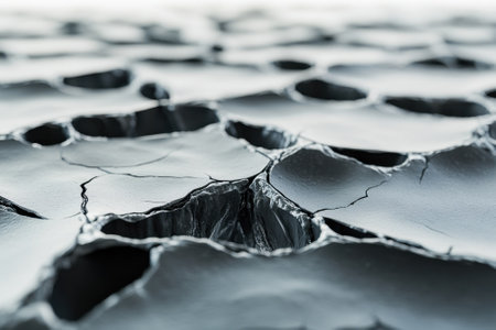 Close-up view of a cracked surface revealing unique textures and sharp lines, highlighting natural formations.の写真素材