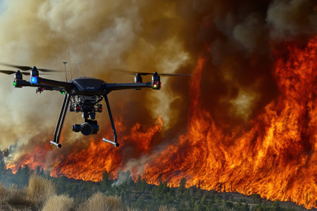A drone captures real-time footage of a large wildfire engulfing trees and smoke in California.の写真素材