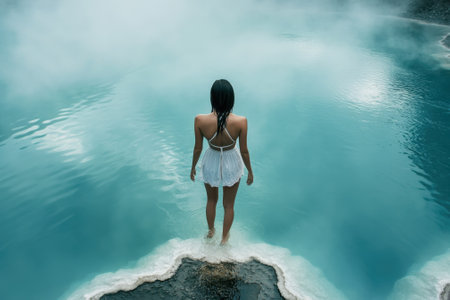 A woman stands at the edge of a steaming blue hot spring, surrounded by natural beauty and tranquility.の写真素材