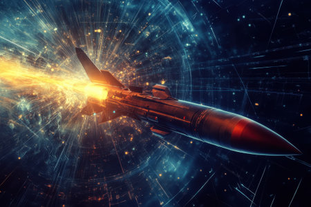 An advanced rocket accelerates through a vibrant cosmic environment, leaving fiery trails behind.の写真素材