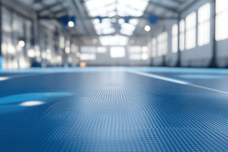 A spacious indoor sports area showcases a blue synthetic floor, illuminated by natural light from above.の素材